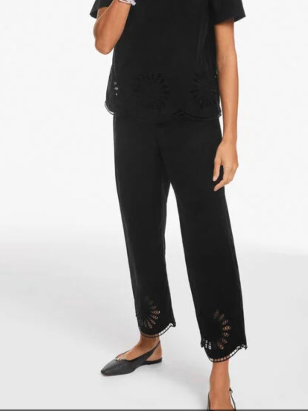 NWT Talbots Women's Size Medium Black Wide Crop Pull-On Poplin Eyelet Pants
